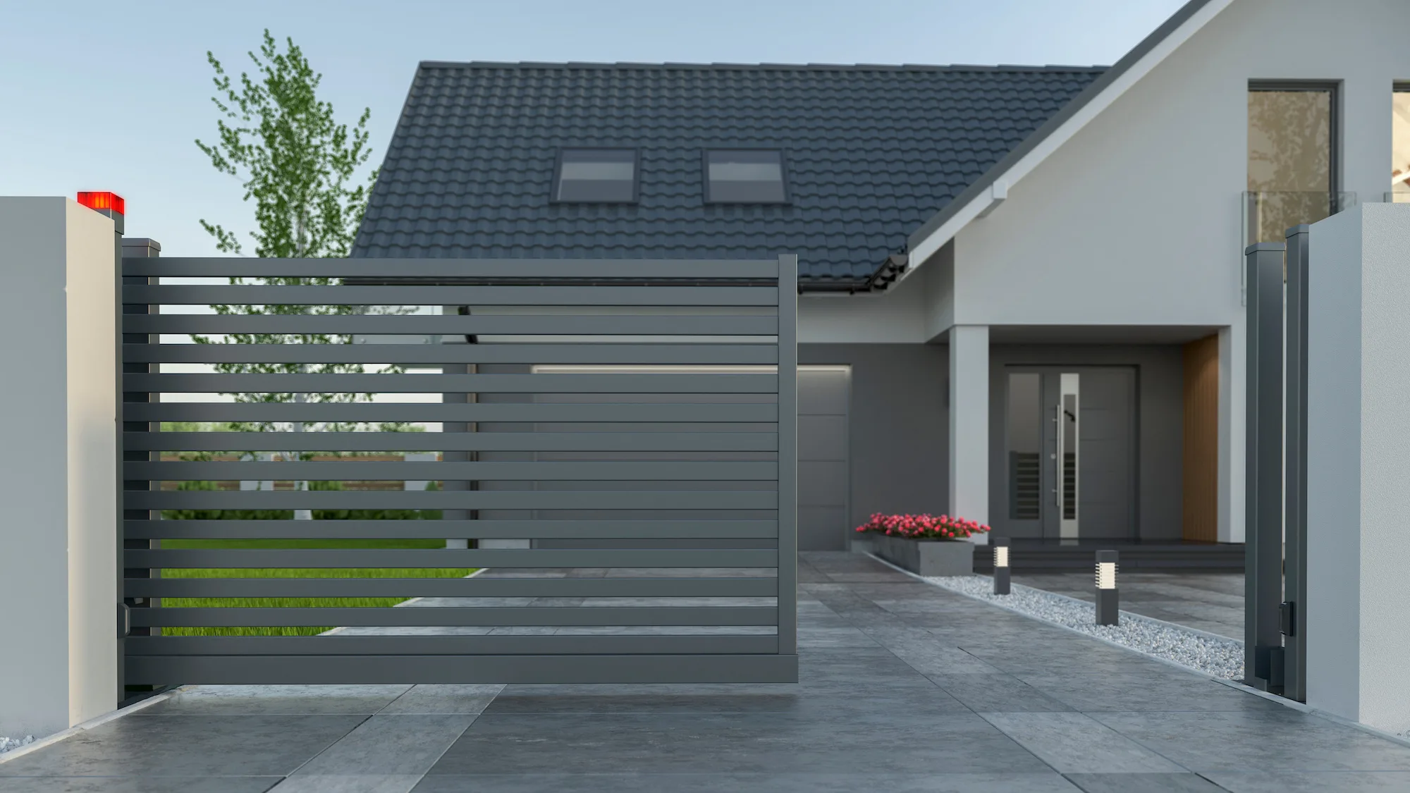 Modern grey slat electric sliding gate at a contemporary home