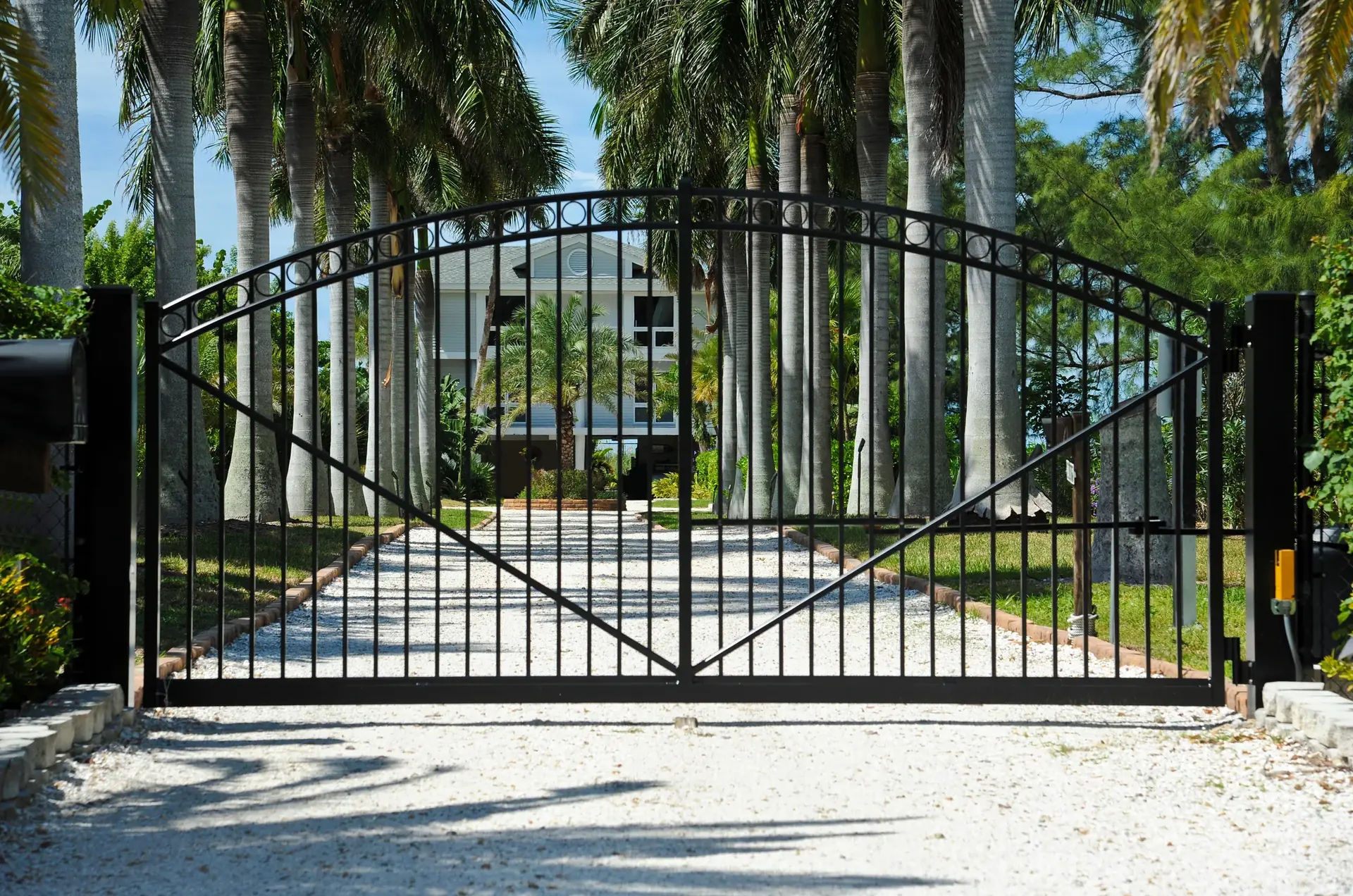 Black ornate double swing security gates on a palm-lined driveway